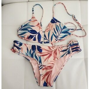Hollister Swim Pink Tropical Palm Leaf Triangle Bikini Set Multi Strap Bottoms S